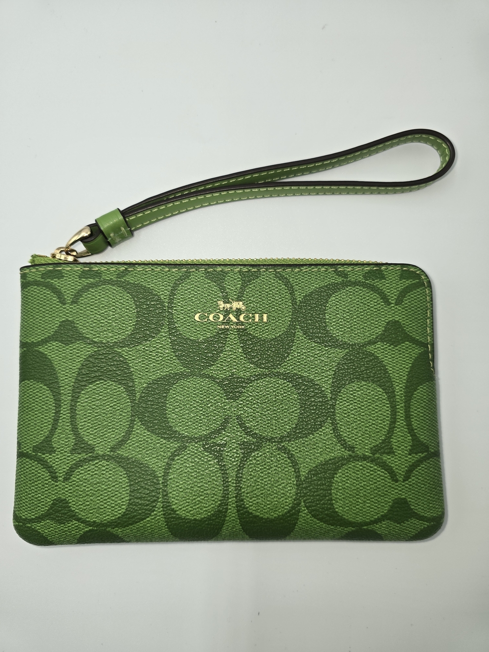 COACH 91178 Green Signature Wristlet Pouch with Gold Hardware **